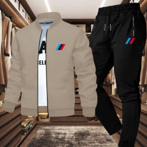 طقم رجالي من قطعتين: جاكيت ضيق وبنطلون رياضي، طباعة حادة بثلاثة ألوان، قماش بوليستر ناعم بسحاب، ملابس خارجية عادية برقبة مستديرة لفصل الخريف/الشتاء